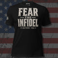 Fear the Infidel Before You distressed text design front print black tee from Infidel Collective