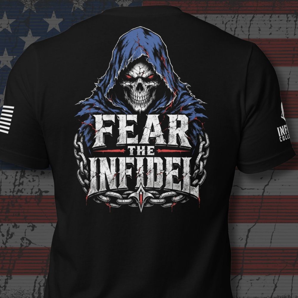 Black t-shirt with 'FEAR THE INFIDEL' across the back, integrated into a radiant blue cloak and skull with red eyes, with a thick chain link wrapped around the lower portion of the design, against a white background.