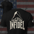 Fear the Infidel hooded reaper hand reaching over the lettering design back print black tee from Infidel Collective