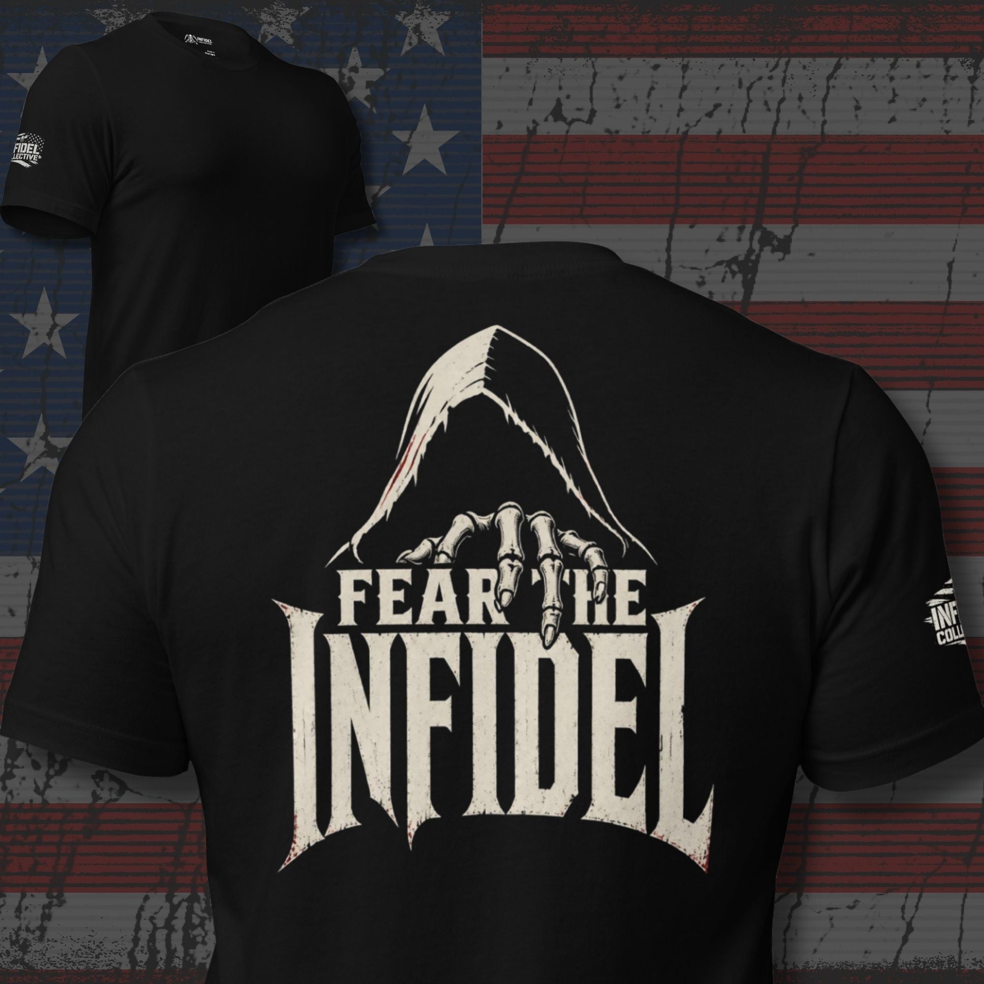 Fear the Infidel hooded reaper back print black tee from Infidel Collective