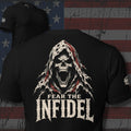 Fear the Infidel screaming patriot skull in a weathered hood design back print black tee from Infidel Collective