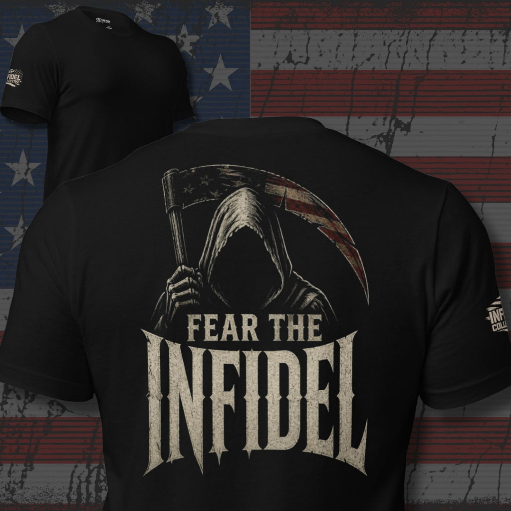 Fear the Infidel hooded reaper scythe back print black tee from Infidel Collective