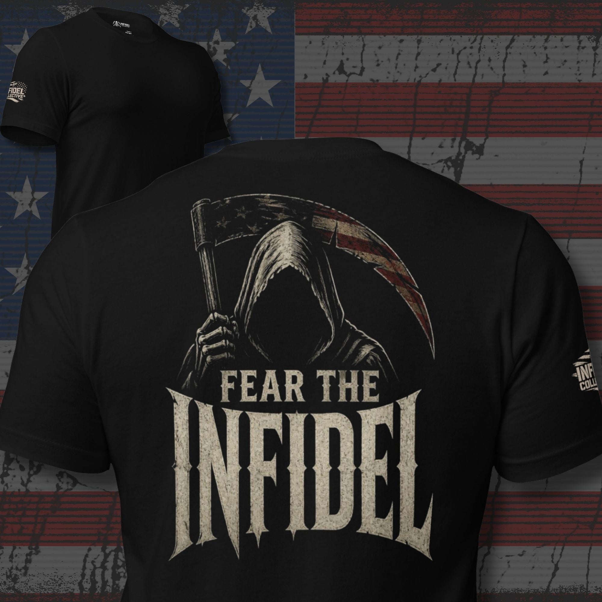 Fear the Infidel hooded reaper scythe back print black tee from Infidel Collective
