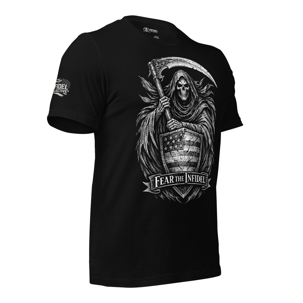 Black tee with Fear the Infidel front print featuring a hooded reaper holding a scythe behind an American flag shield