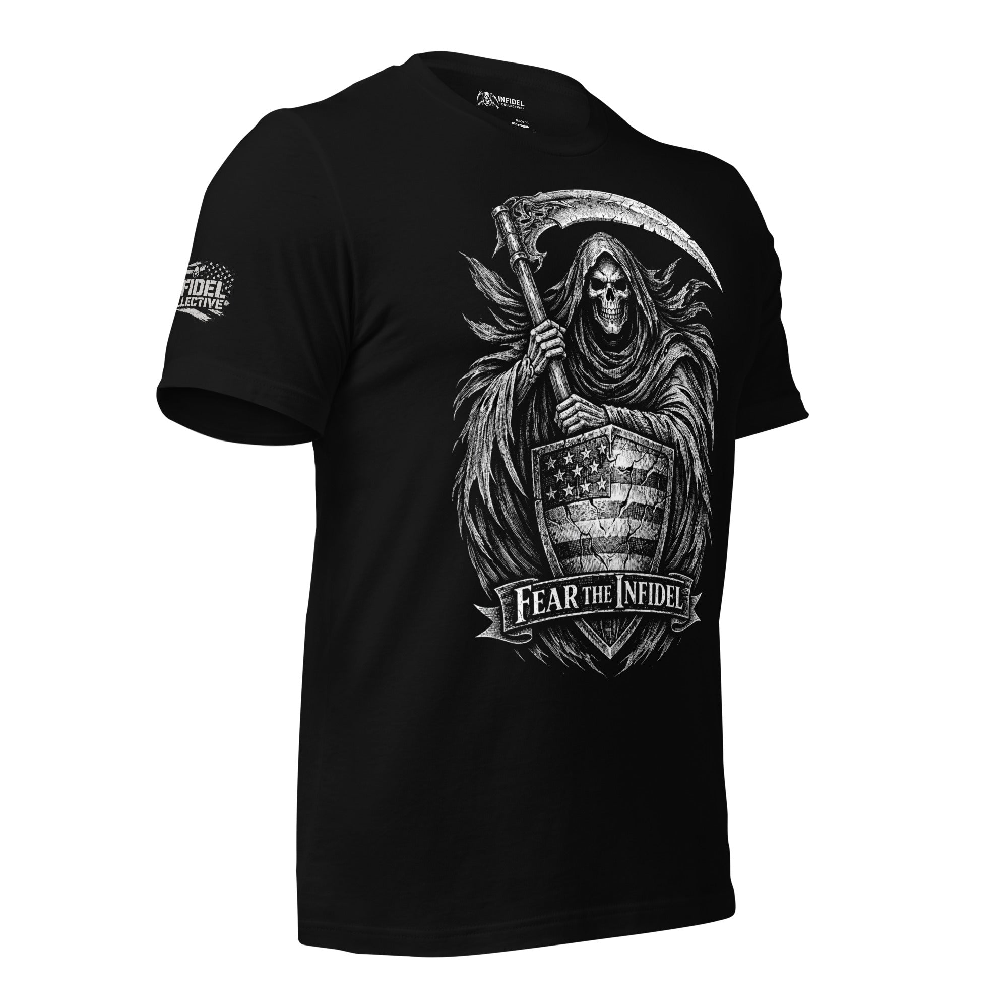 Black tee with Fear the Infidel front print featuring a hooded reaper holding a scythe behind an American flag shield