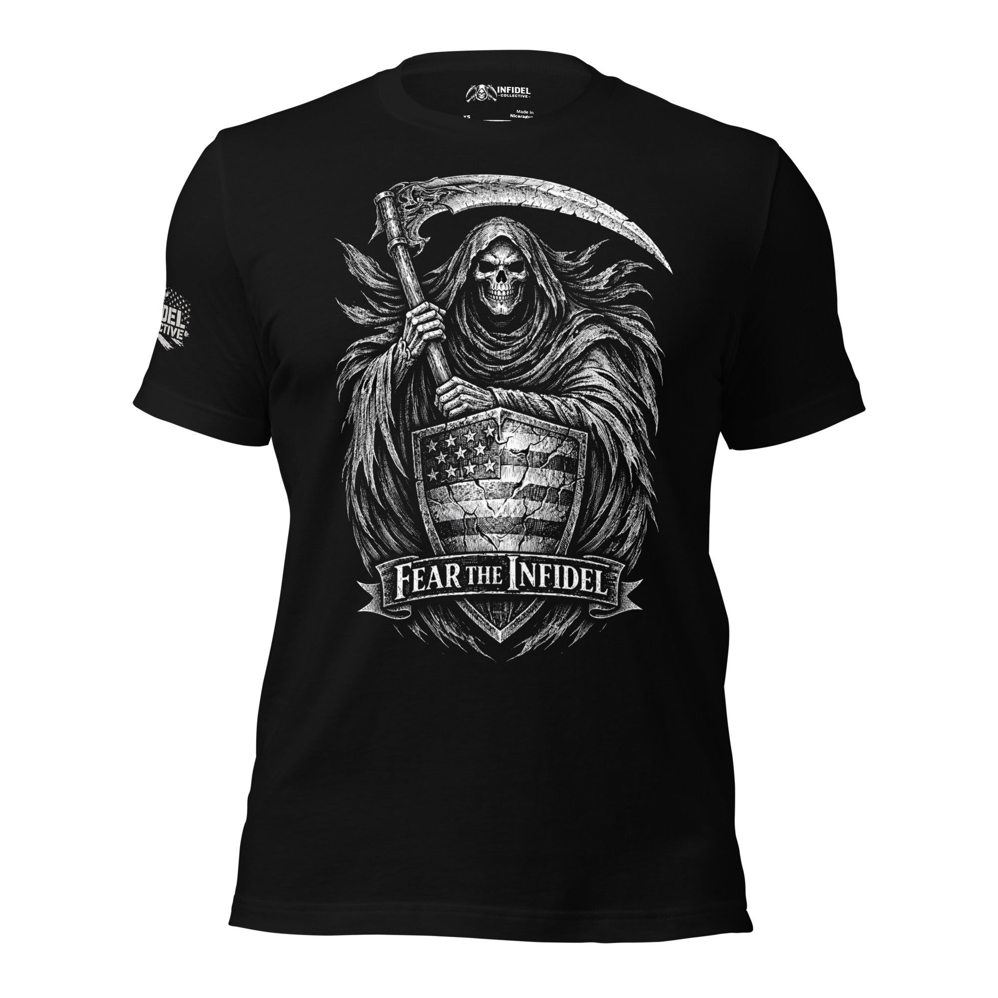 Black tee with Fear the Infidel front print featuring a hooded reaper holding a scythe behind an American flag shield