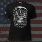 Black tee with Fear the Infidel front print featuring a hooded reaper holding a scythe behind an American flag shield