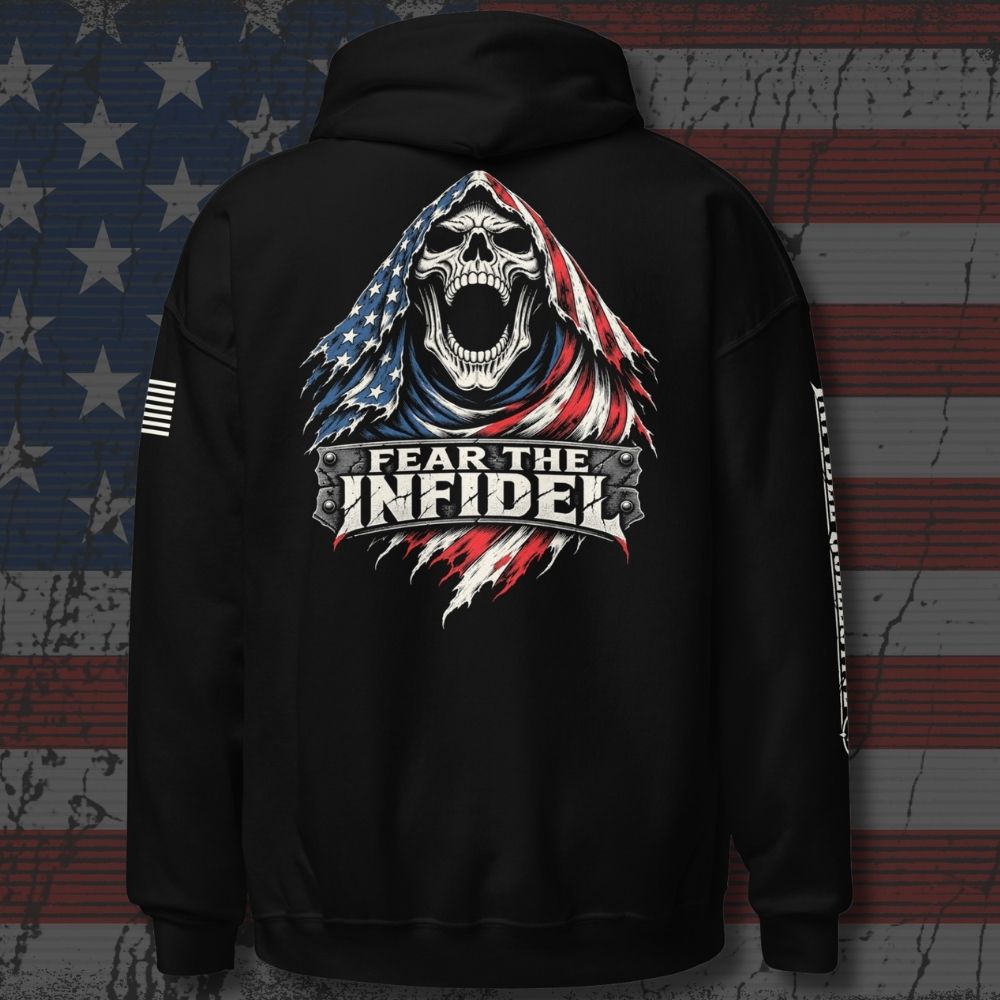 Fear the Infidel Red Streak Reaper back-print hoodie in black