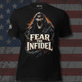 Fear the Infidel radiant blue and orange hooded reaper design front print black tee from Infidel Collective