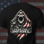 Black Fear the Infidel tee with large back print featuring hooded reaper skull and distressed American flag graphic