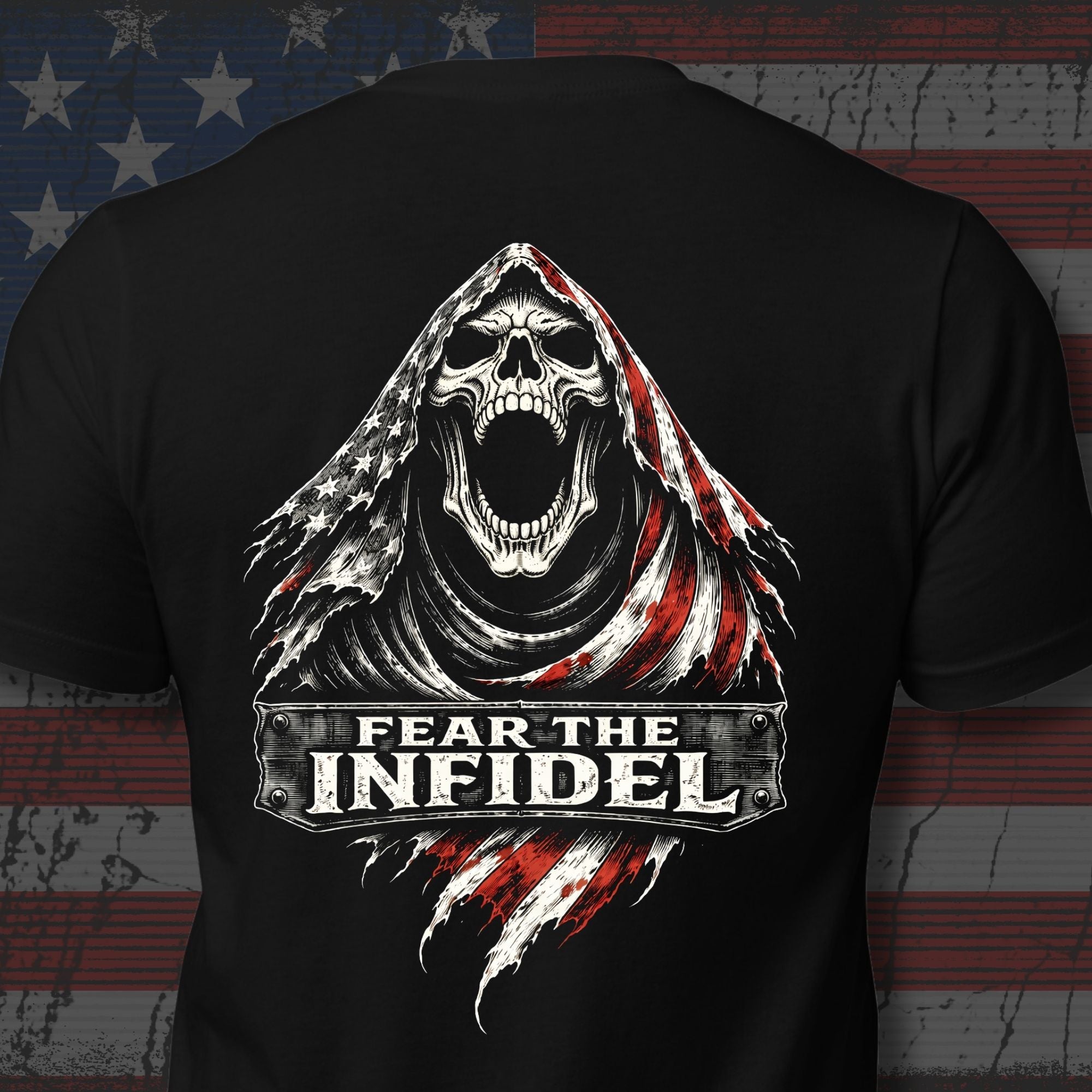 Black Fear the Infidel tee with large back print featuring hooded reaper skull and distressed American flag graphic