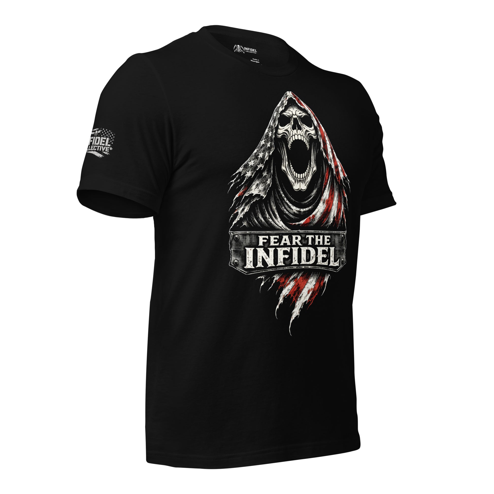 Black t-shirt with a graphic design of a skeleton holding an American flag and 'Fear the Infidel' text on a white background.