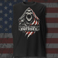 Black t-shirt with a graphic design featuring a skull and 'Fear the Infidel' text on an American flag background.