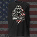 Black t-shirt with a graphic design featuring a skull and 'Fear the Infidel' text on an American flag background.