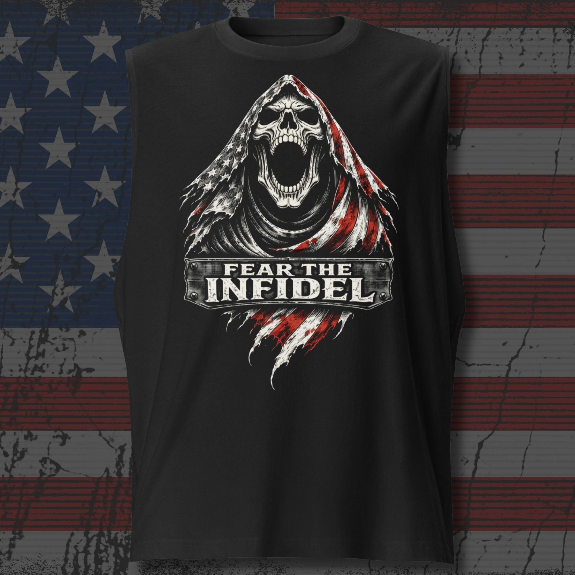 Black t-shirt with a graphic design featuring a skull and 'Fear the Infidel' text on an American flag background.