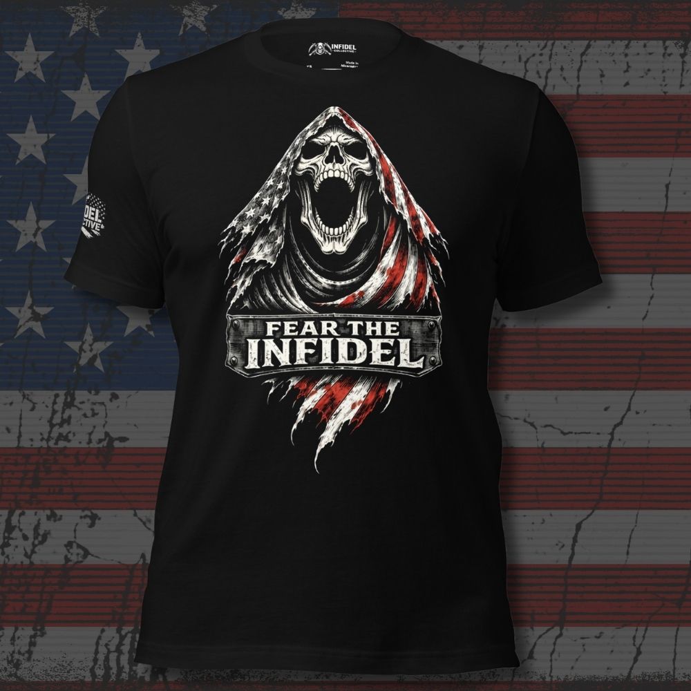 Black t-shirt with 'Fear the Infidel' graphic design on an American flag background