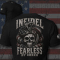 Fearless by Creed American flag rattlesnake coiled around a skull design back print black tee from Infidel Collective