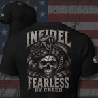 Black tee with Fearless by Creed back print featuring American flag rattlesnake wrapped around a skull with INFIDEL text