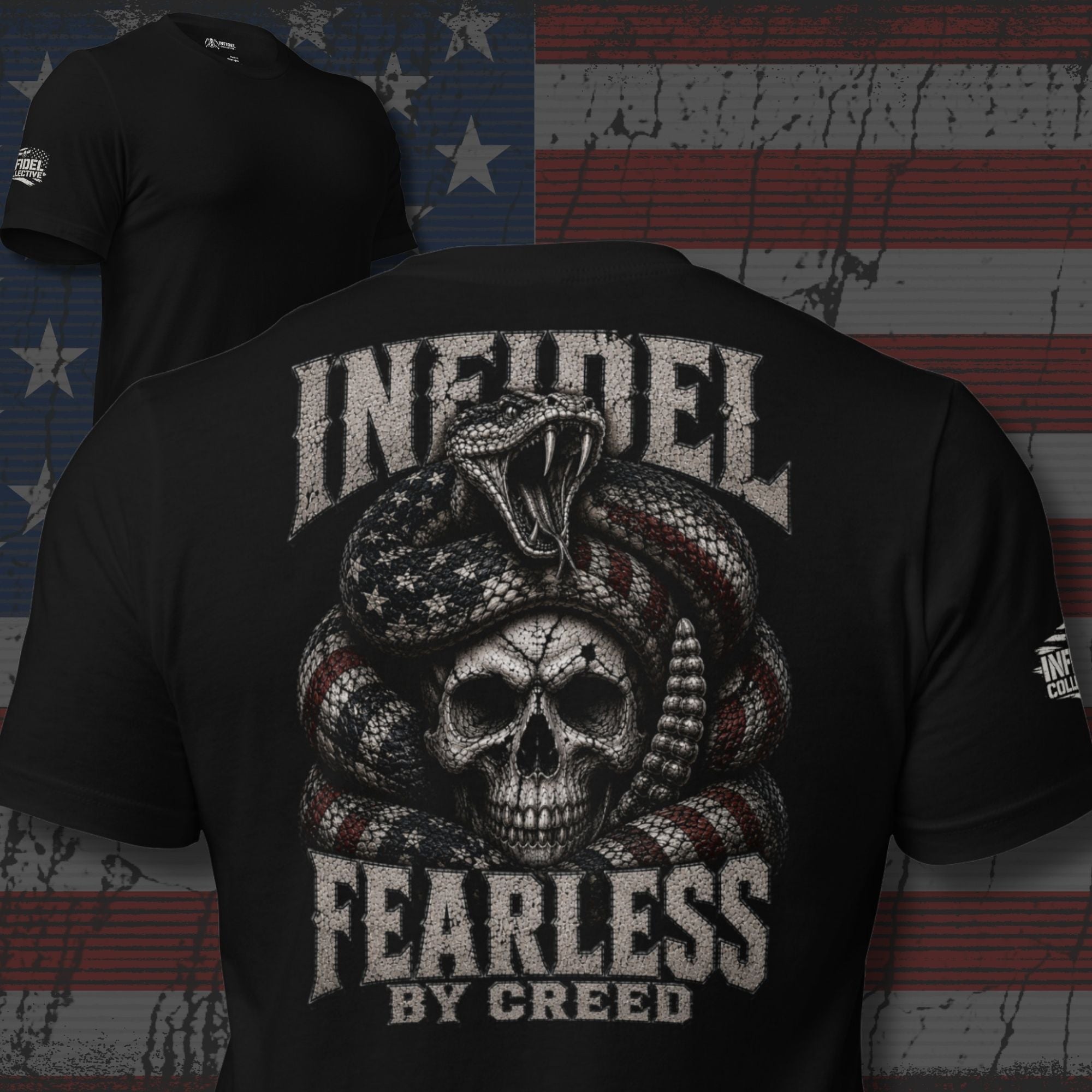Black tee with Fearless by Creed back print featuring American flag rattlesnake wrapped around a skull with INFIDEL text