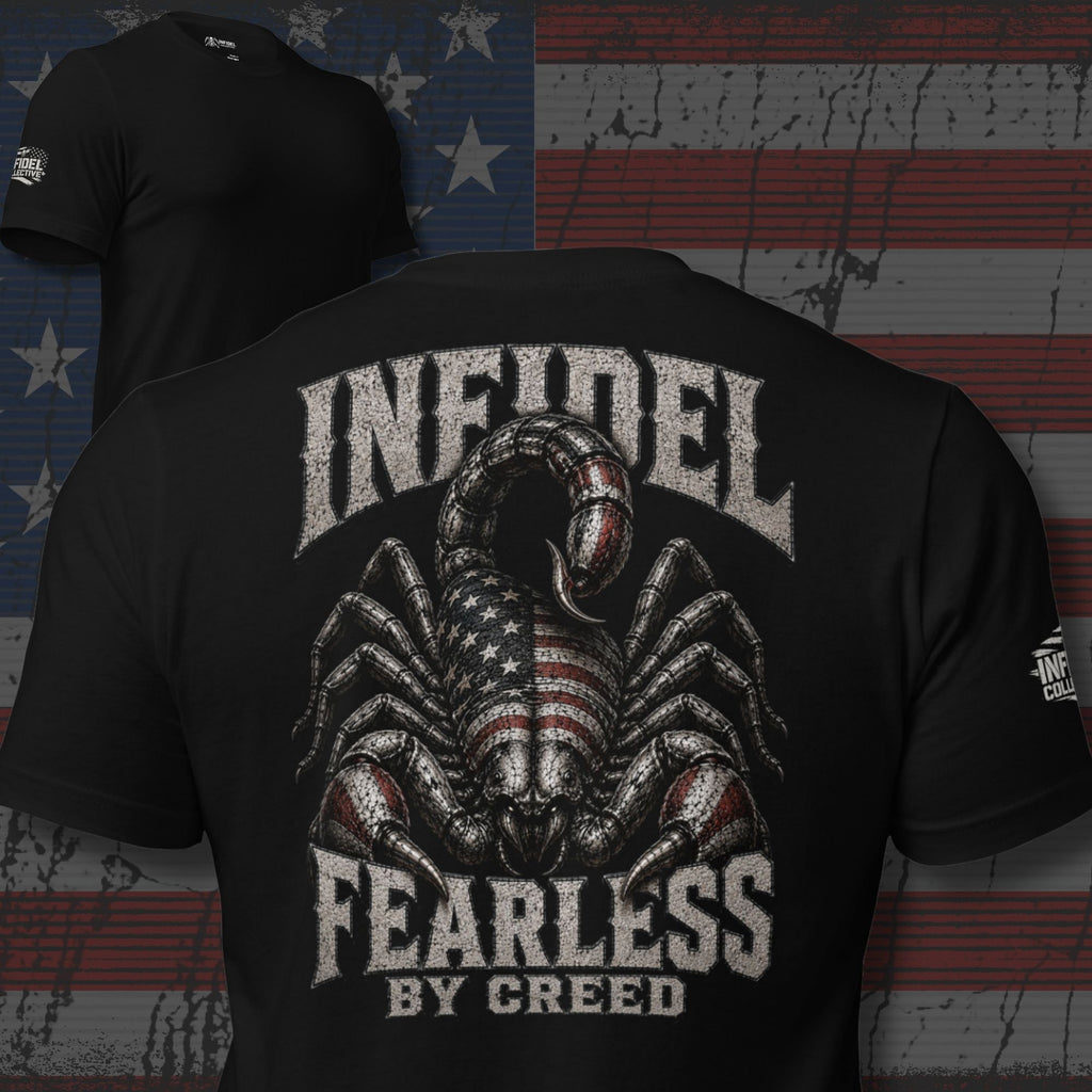 Black tee with Fearless by Creed scorpion back print featuring American flag details and INFIDEL text