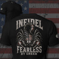 Fearless by Creed American flag armored scorpion design back print black tee from Infidel Collective