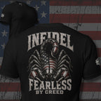Black tee with Fearless by Creed scorpion back print featuring American flag details and INFIDEL text