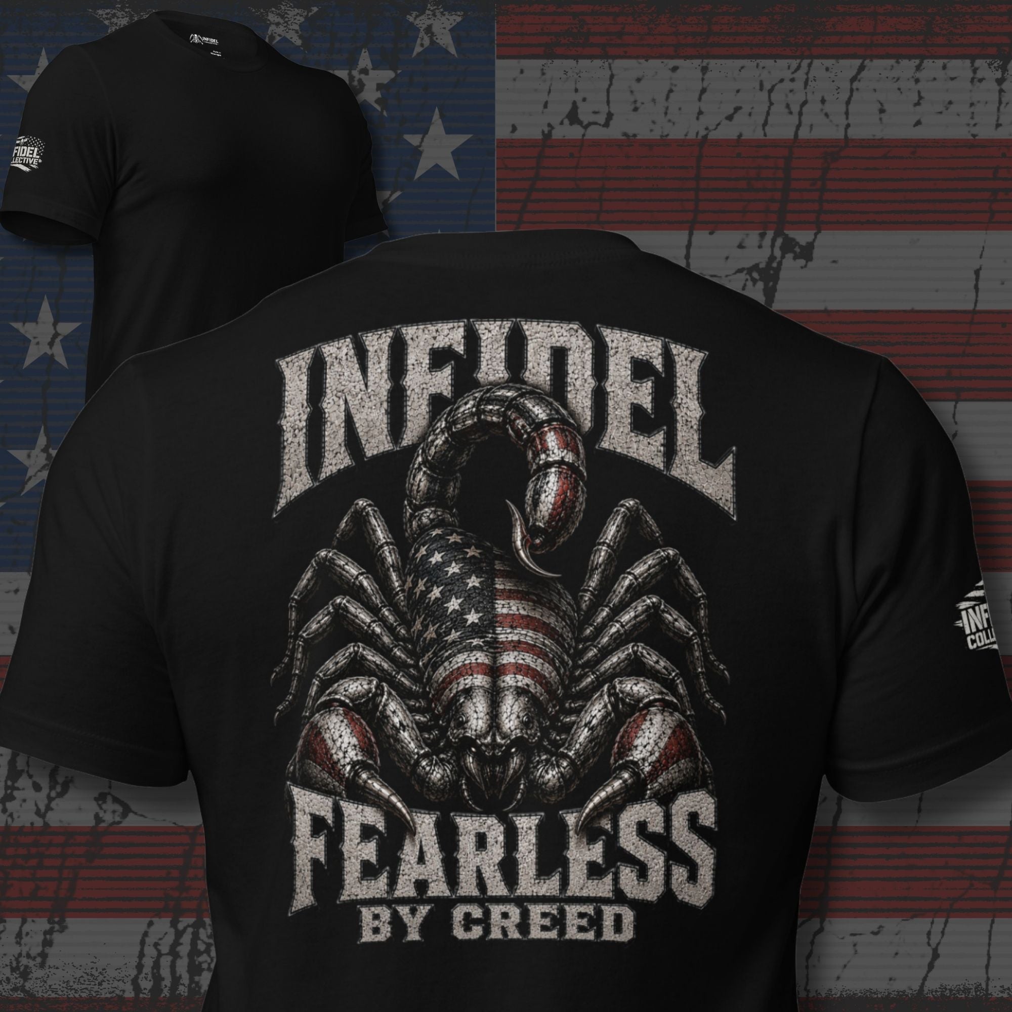 Black tee with Fearless by Creed scorpion back print featuring American flag details and INFIDEL text