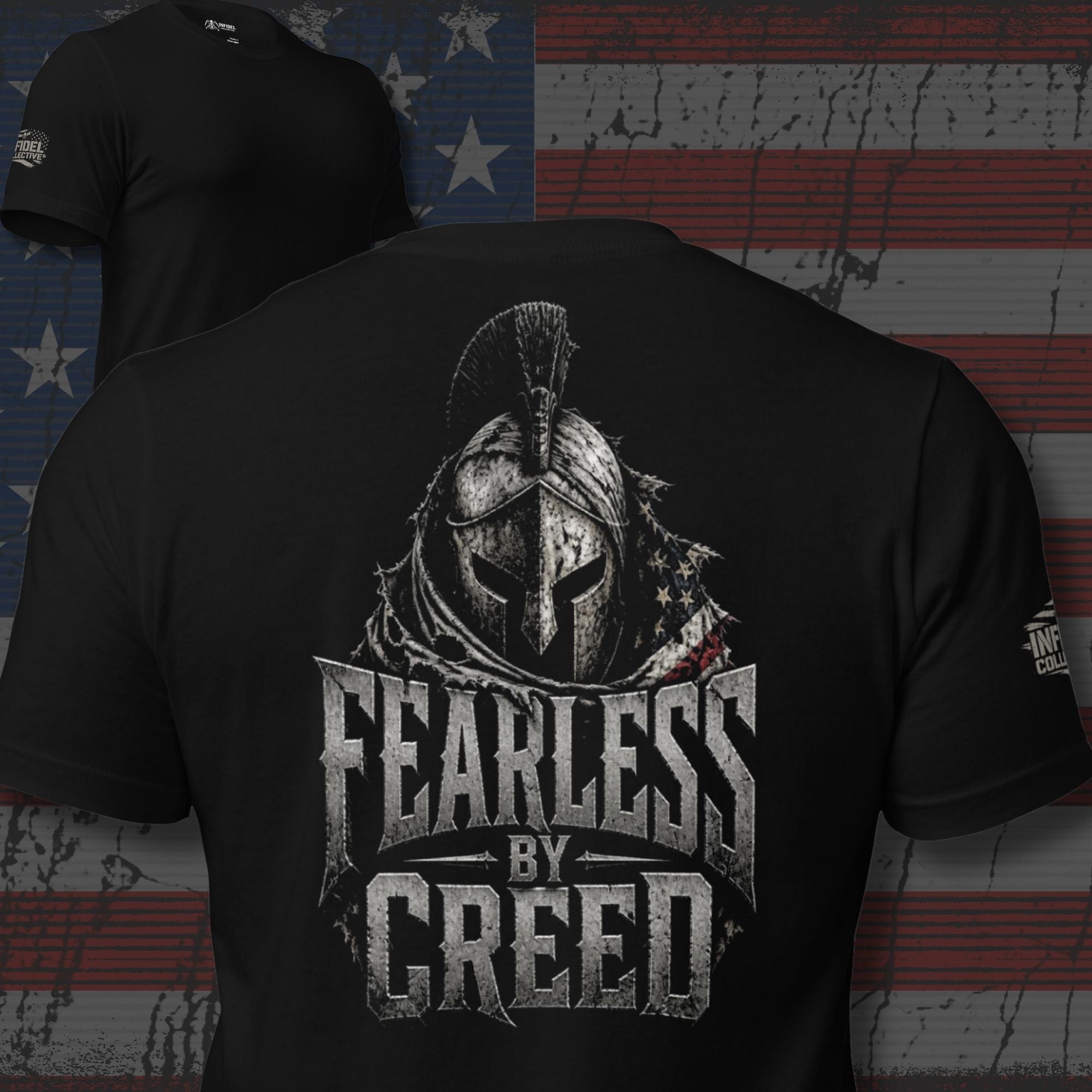 Black t-shirt with Spartan helmet graphic and 'Fearless by Creed' text on a flag background