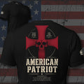 American Patriot red skull cross with Firm in Faith scripture design back print black tee from Infidel Collective