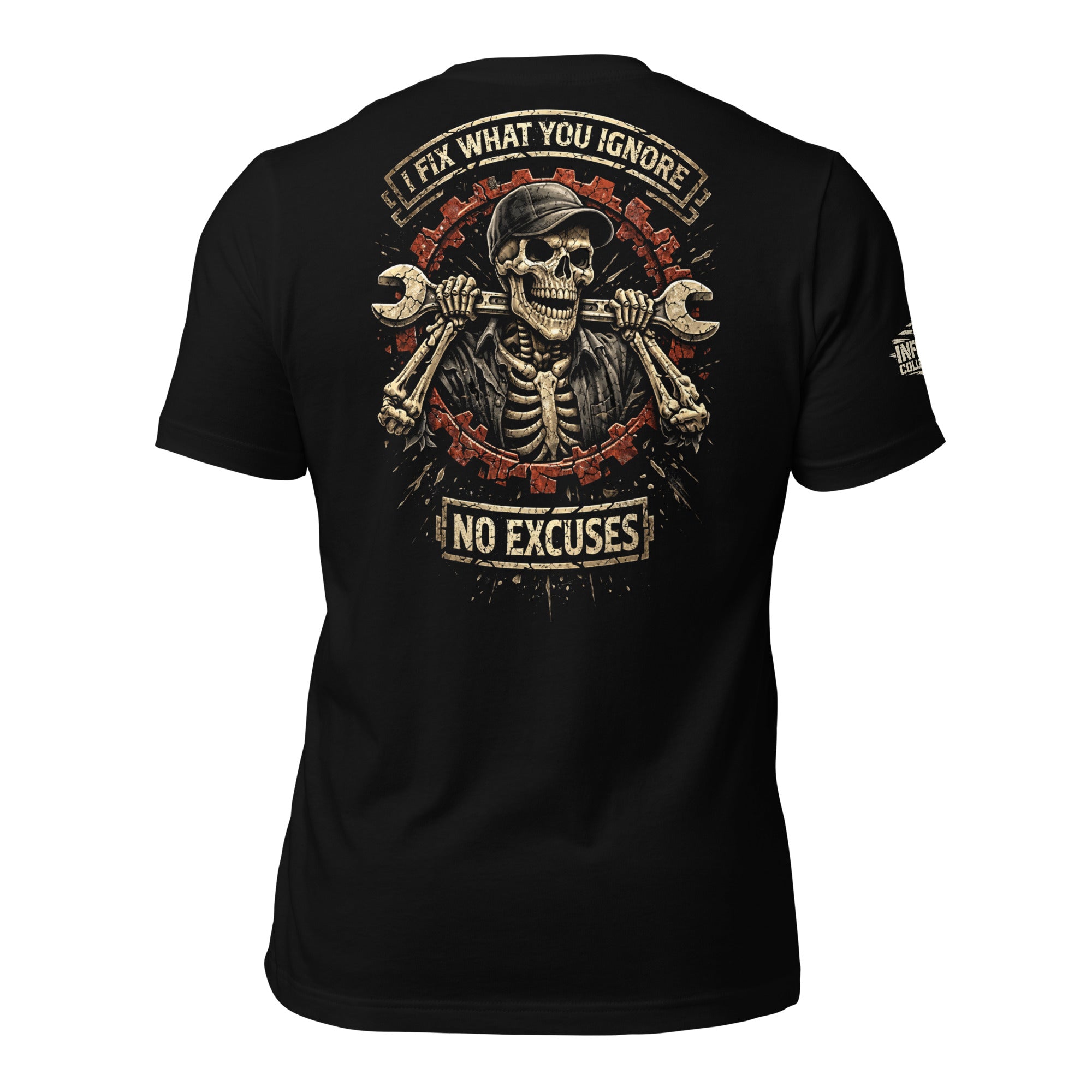 Fix What You Ignore skeleton mechanic wrench back print black tee from Infidel Collective