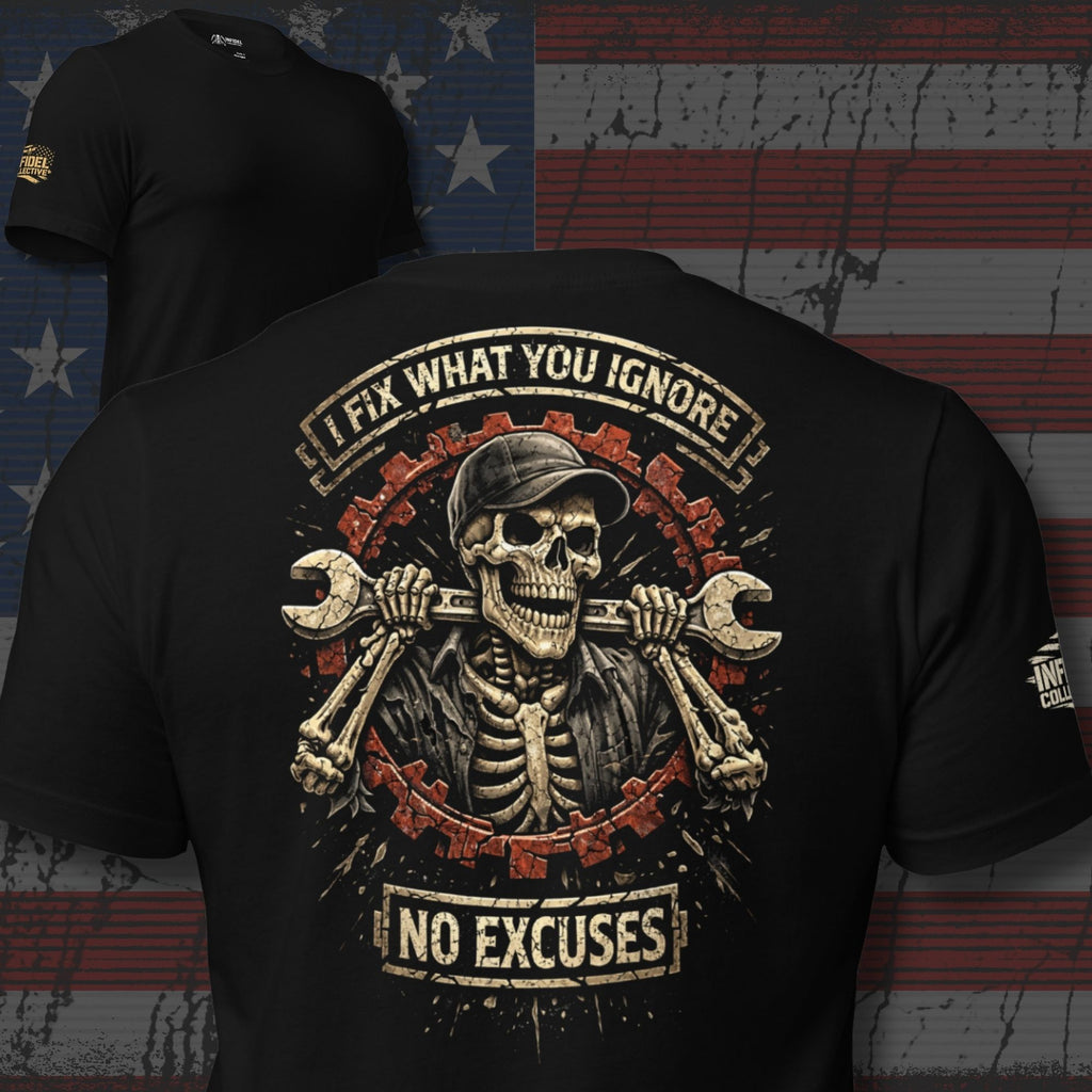 Fix What You Ignore skeleton mechanic wrench back print black tee from Infidel Collective