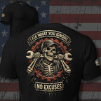 Fix What You Ignore skeleton mechanic wrench back print black tee from Infidel Collective