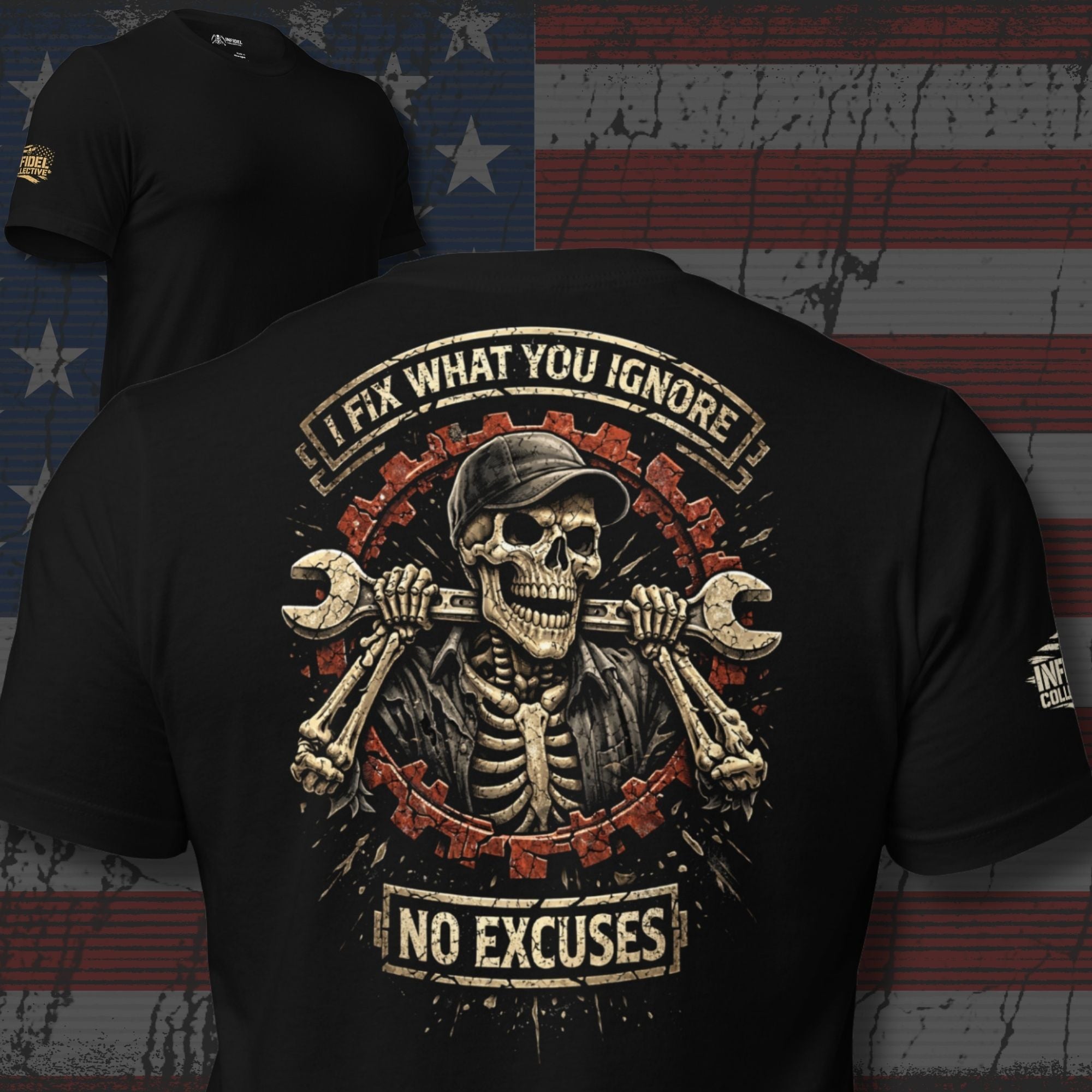 Fix What You Ignore skeleton mechanic wrench back print black tee from Infidel Collective