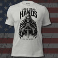 hooded reaper gripping a sword with Cold Dead Hands text front print athletic heather tee from Infidel Collective