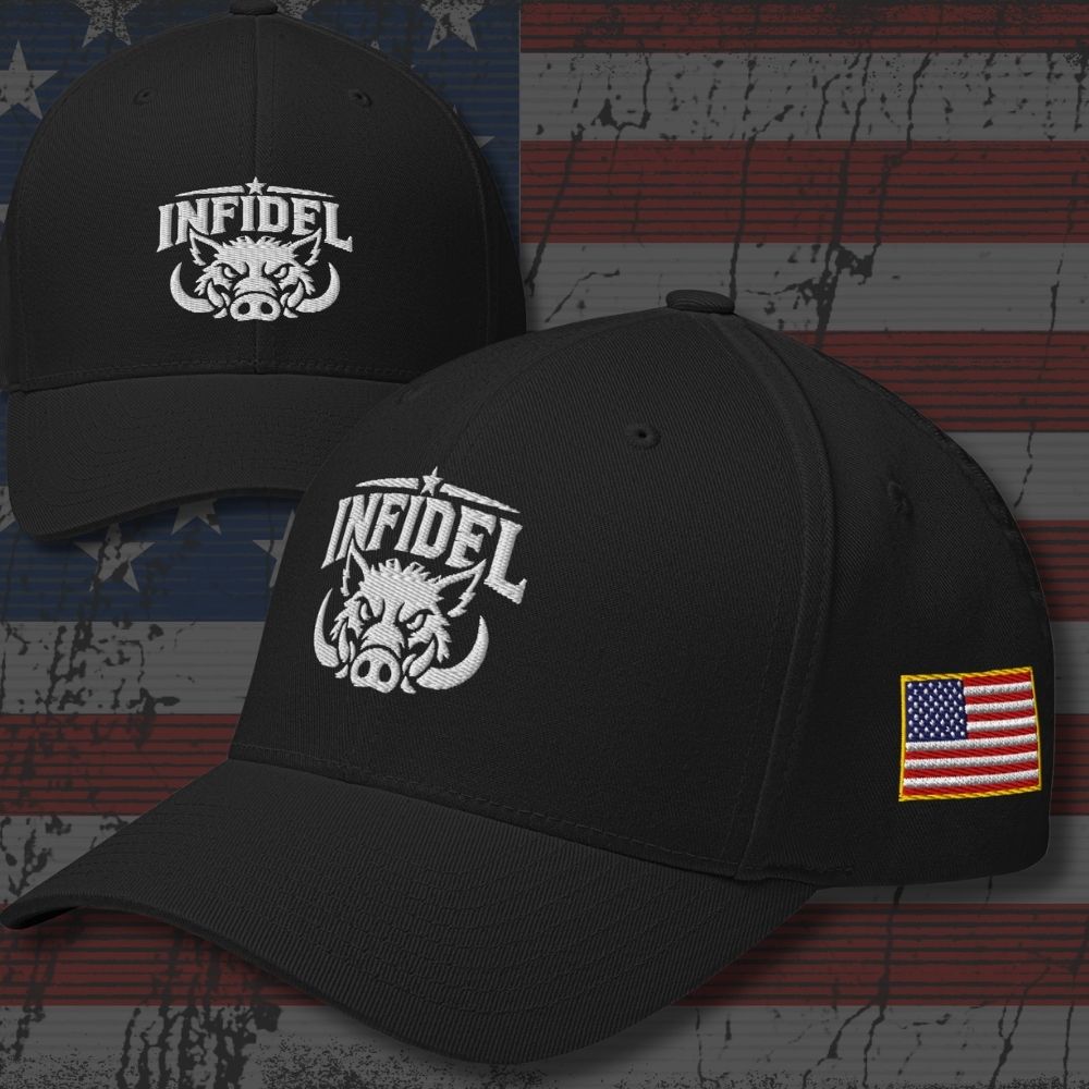 Two black baseball caps shown against a distressed American flag background. The front cap is in focus and shows a white embroidered 'INFIDEL' logo with a horned animal head on the front panel and a small American flag patch on the side.