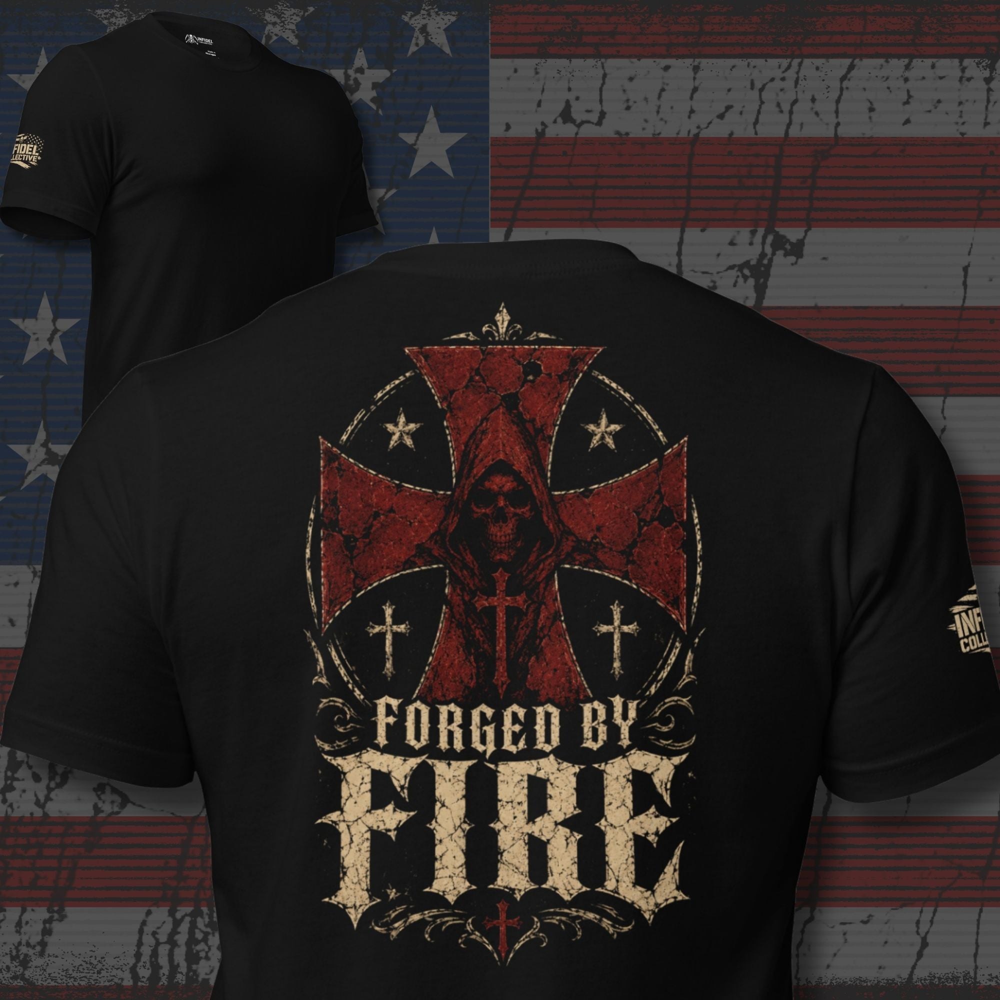 Black tee with back print featuring a hooded reaper, distressed red cross graphics, Christian cross symbols, and the text Forged By Fire