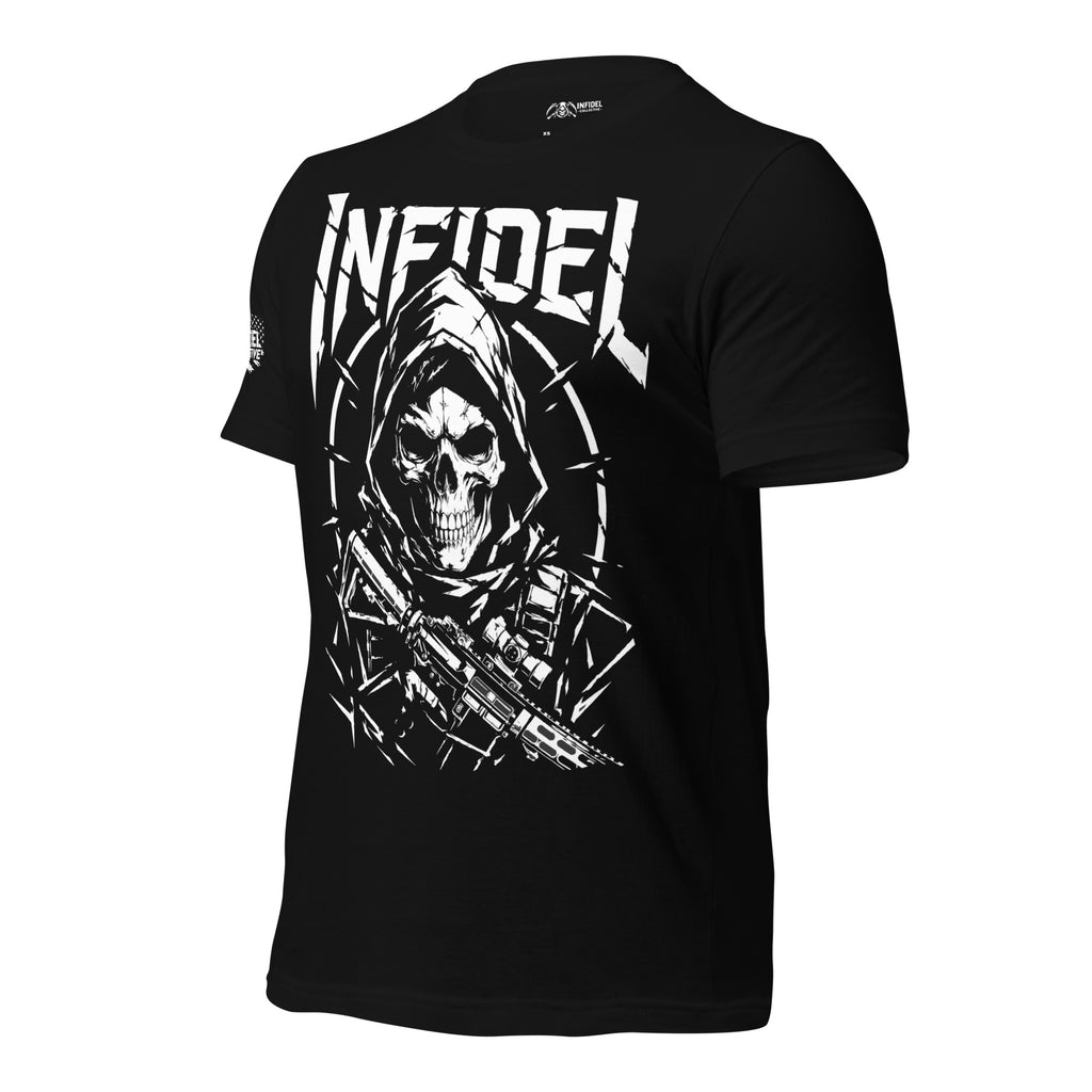 Black t-shirt with a graphic design of a skull and the word 'INFIDEL' on a white background
