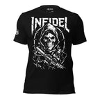 Black t-shirt with a graphic design of a skull holding a rifle and the word 'INFIDEL' on a white background.