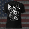 fractured Infidel reaper carrying a rifle design front print black tee from Infidel Collective