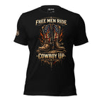 Black front print t-shirt featuring patriotic cowboy boots with flames and Free Men Ride Cowboy Up western graphic