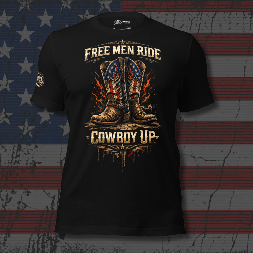 Black front print t-shirt featuring patriotic cowboy boots with flames and Free Men Ride Cowboy Up western graphic