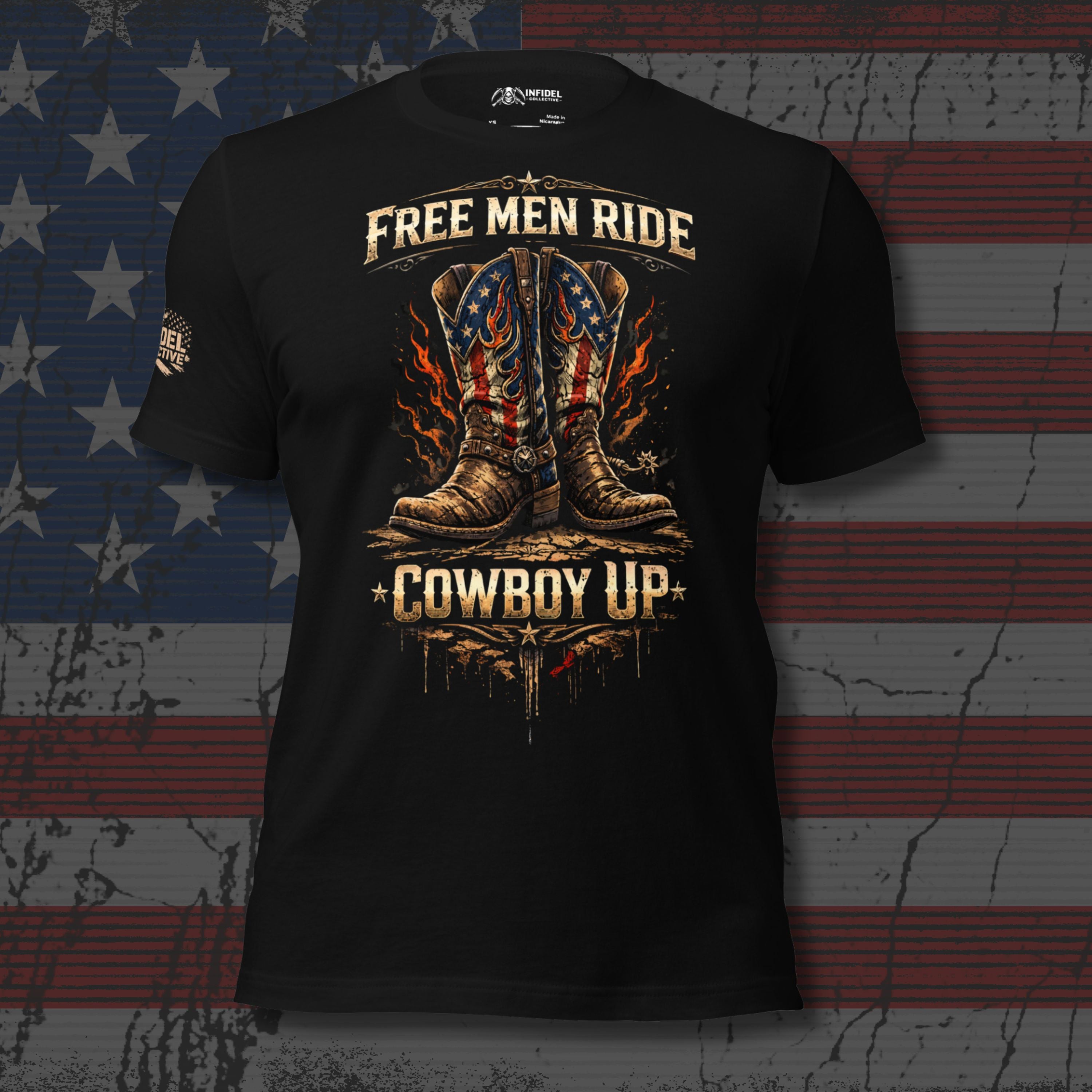 Black front print t-shirt featuring patriotic cowboy boots with flames and Free Men Ride Cowboy Up western graphic