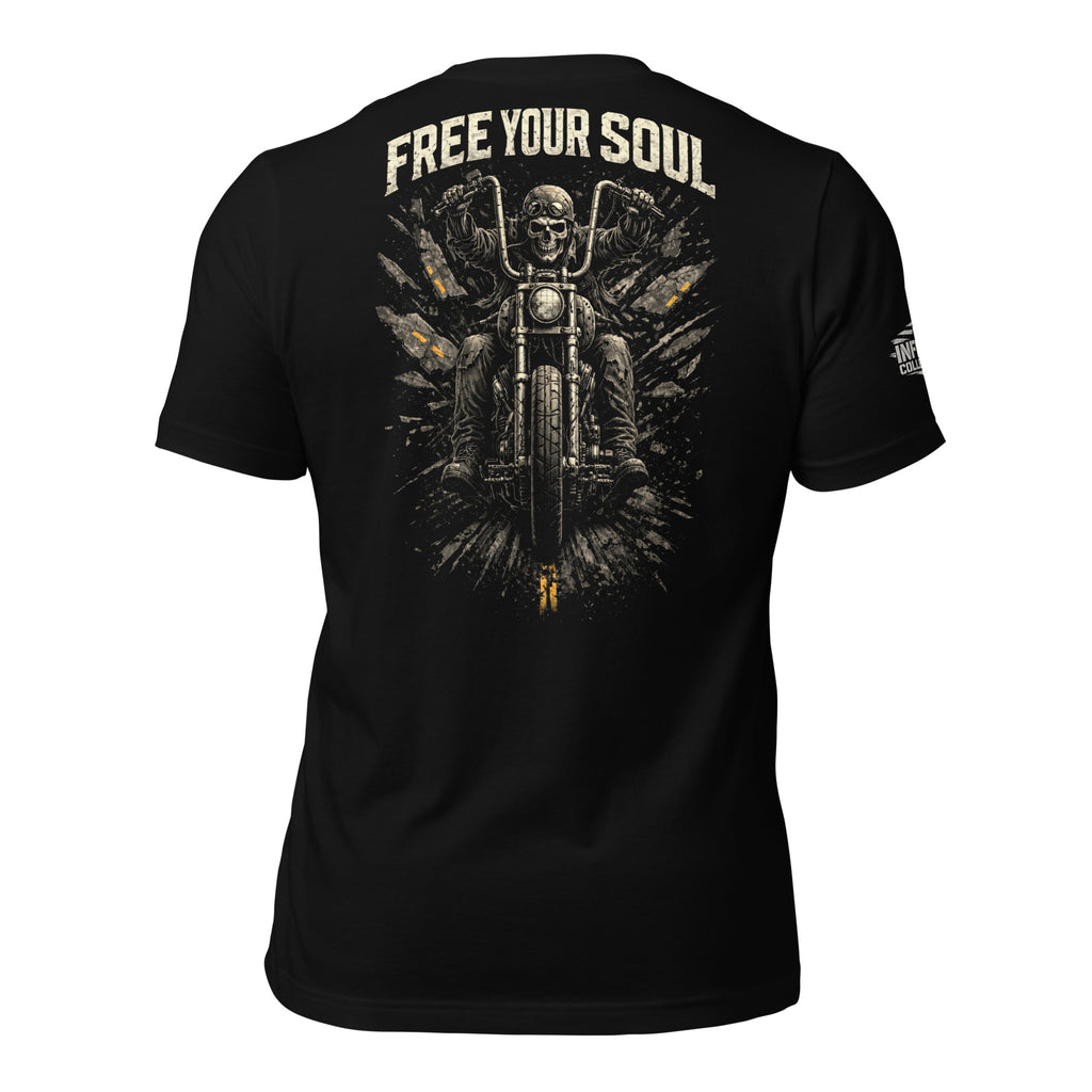 Free Your Soul skull biker back print black tee from Infidel Collective
