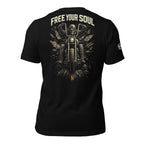 Free Your Soul skull biker back print black tee from Infidel Collective
