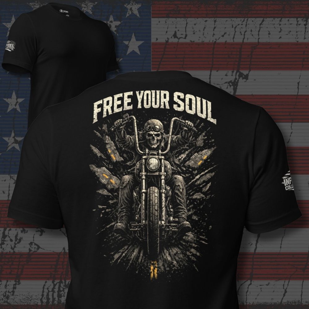Free Your Soul skull biker back print black tee from Infidel Collective