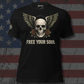 Free Your Soul winged skull with roses design front print black tee from Infidel Collective
