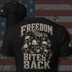 Freedom Bites Back serpent skull back print black tee from Infidel Collective