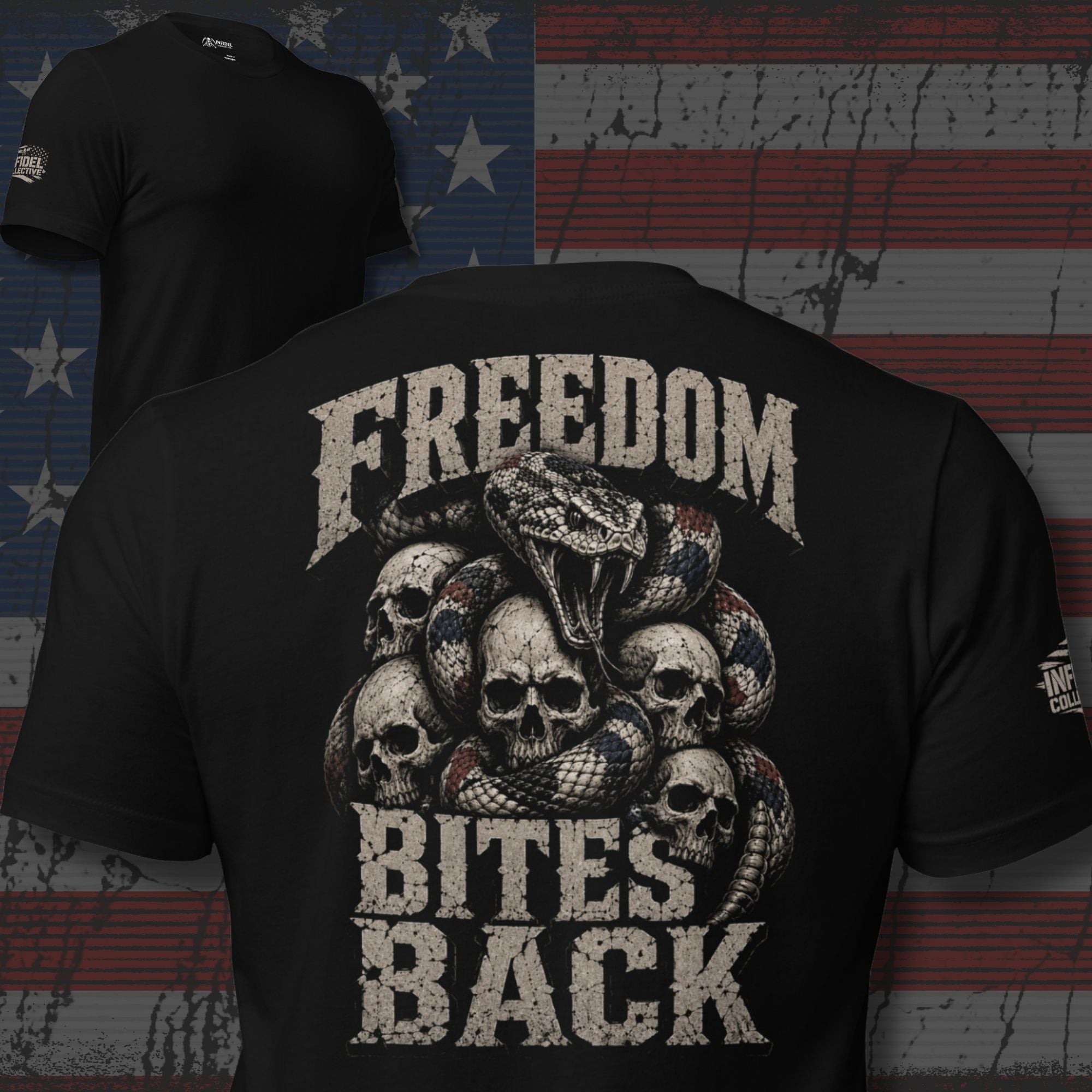Freedom Bites Back serpent skull back print black tee from Infidel Collective