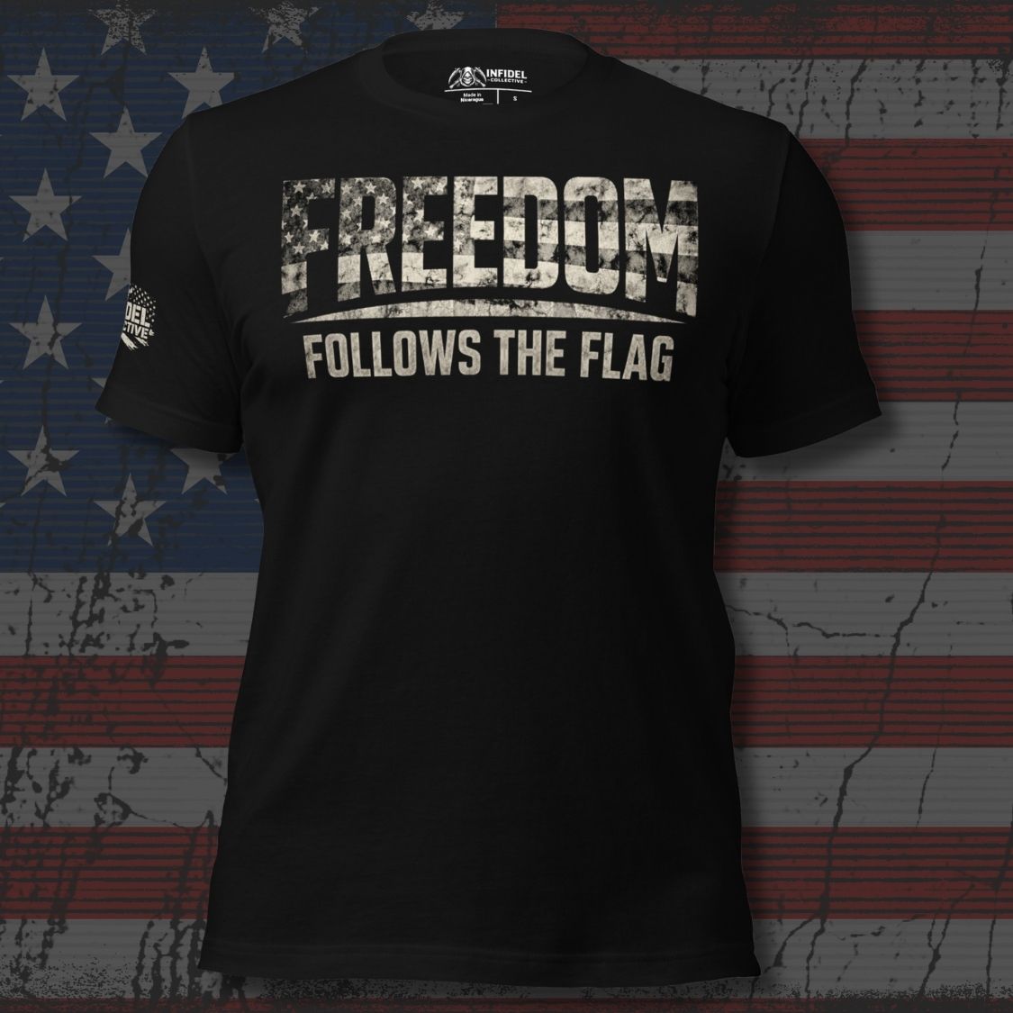 Black t-shirt with 'Freedom Follows the Flag' text on a distressed American flag background