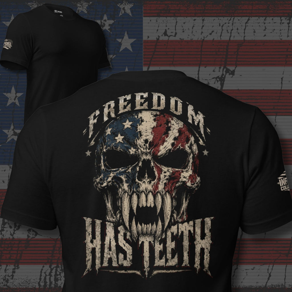 Freedom Has Teeth American skull back print black tee from Infidel Collective